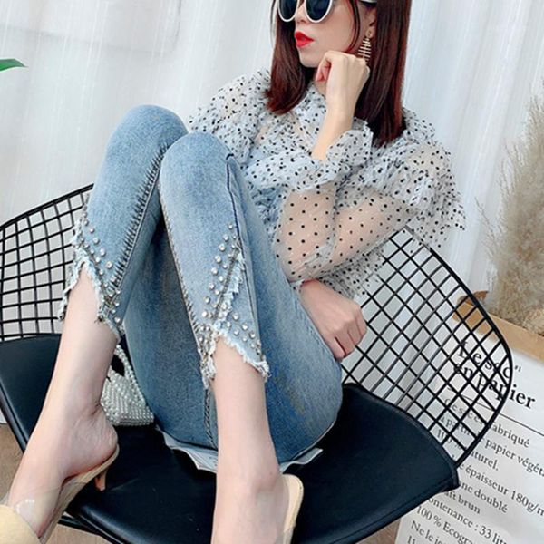 

new nice spring summer womens denim jeans tassels hairs diamond beaded jeans feminino capris pencil pants denim trousers nz091, Blue
