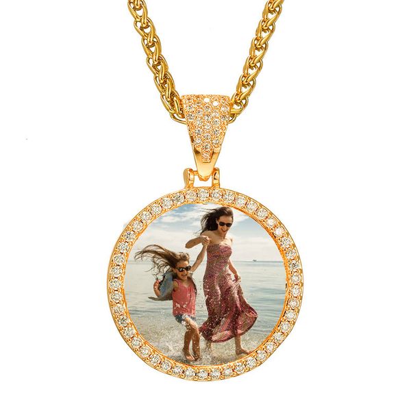 Personalisierte Foto-/Bild-Halskette mit rundem Iced-Out-Anhänger und Panzerkette für Männer/Frauen, personalisiertes Erinnerungsbild, Gold-Hip-Hop-Schmuck