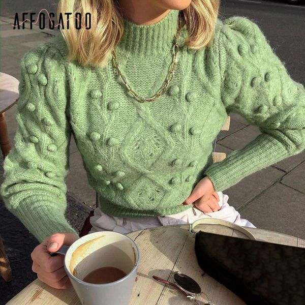 

affogatoo casual turtleneck hairball women sweater autumn winter lantern sleeve knitted sweater female streetwear lady pullover 201130, White;black