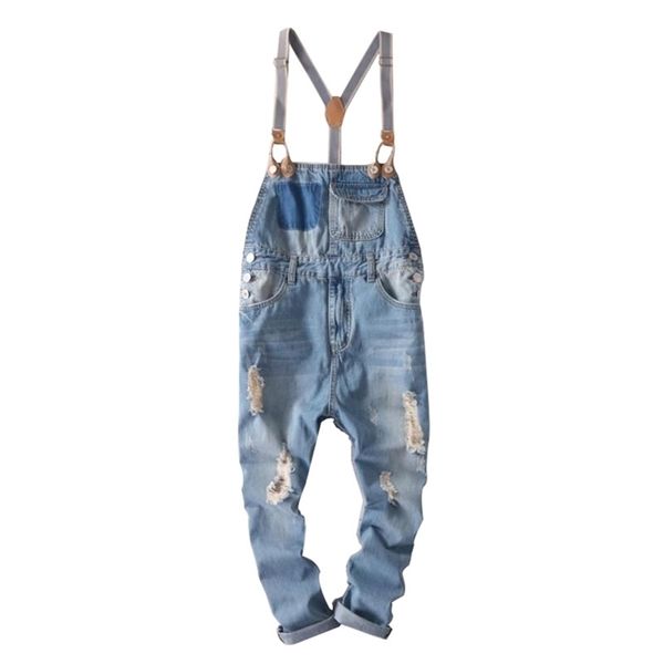 Hip Hop Streetwear Bib Calças Global Jean Moda Homens Jean Macacões rasgados Bib Jeans para Homens Macho Rasgado Jumpsuit 201223