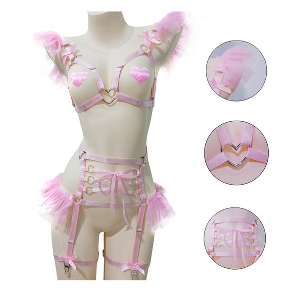 

pink goth bow chiffon heart ring open bondage cage pastel punk lingerie body harness woman alloy, Black;white