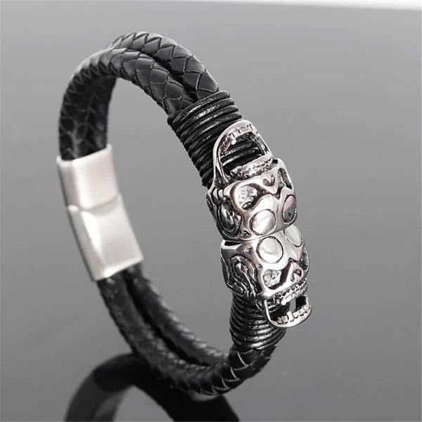 

подлинная рука сплетенная винтажная кожаная головка черепа шаньтоу браслет мужская из нержавеющей стали панк ювелирные изделия подлинный рук, Bronze;silver
