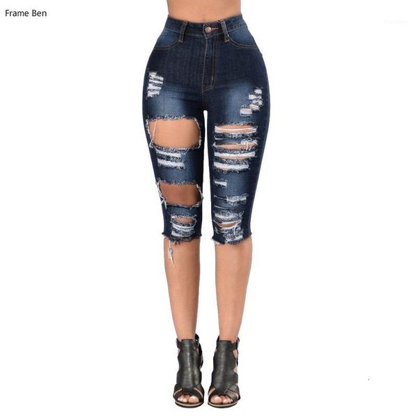 

streetwear ripped holes jeans women skinny high waist stretch denim pencil pants shredded keen length trousers1, Blue