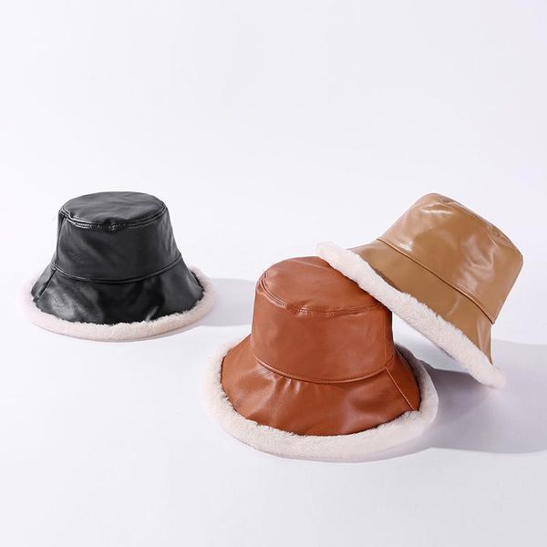 

wide brim hats autumn and winter fashion versatile cold proof solid color warm waterproof plush basin cap pu women's fisherman's h, Blue;gray