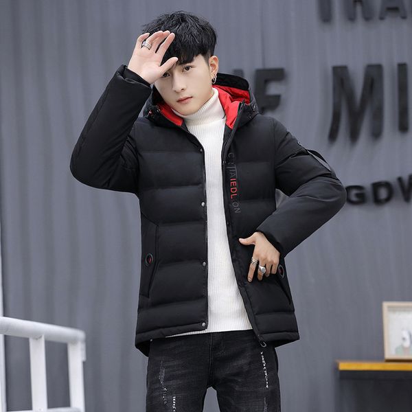 

winter casual hooded korean fit, thickened warm down cotton padded jacket, men's coat, slim, Black