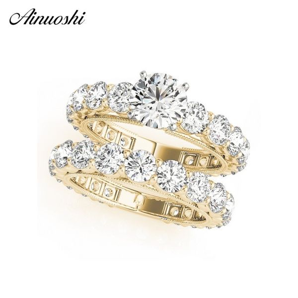 

ainuoshi 925 sterling silver women wedding ring sets yellow gold color round cut lover rings aniversary jewelry anillos de boda y200106, Slivery;golden
