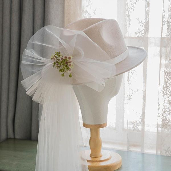 

stingy brim hats 202112-hy231 autumn wool fedoras cap bride's white wedding hat women leisure panama jazz, Blue;gray