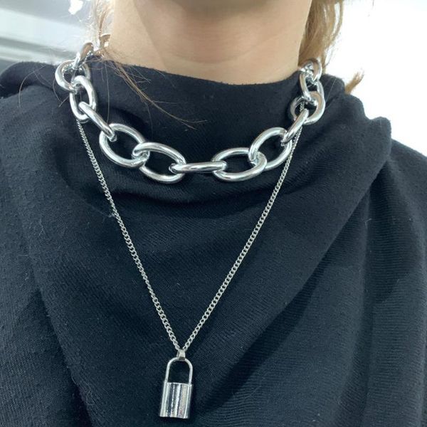 

kmvexo punk exaggeration choker necklaces for women big thick chain round hollow multi-layer lock pendant long necklace jewelry, Silver