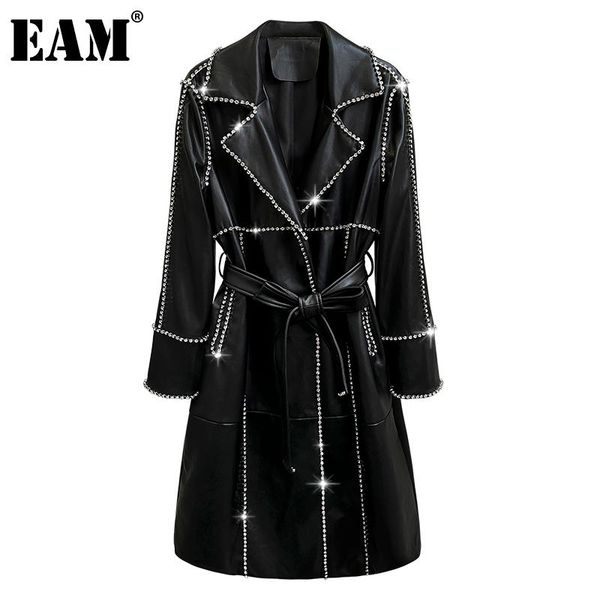 

women's trench coats [eam] women black pu leather rhinestones lapel long sleeve loose fit windbreaker fashion spring autumn 2021 1db703, Tan;black