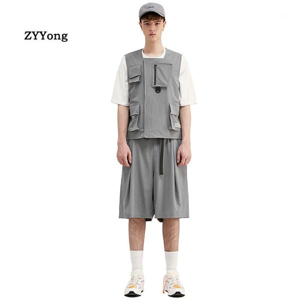 

summer men vest jackets multi-pocket solid color fashion lovers leisure streetwear hip hop sleeveless loose yellow coat set1, Black;white