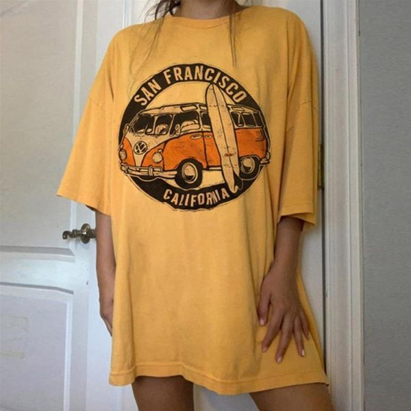 

90s vintage yellow car printed t-shirt casual round neck short sleeve printed pullover women's t-shirt camisetas mujer 2020, White