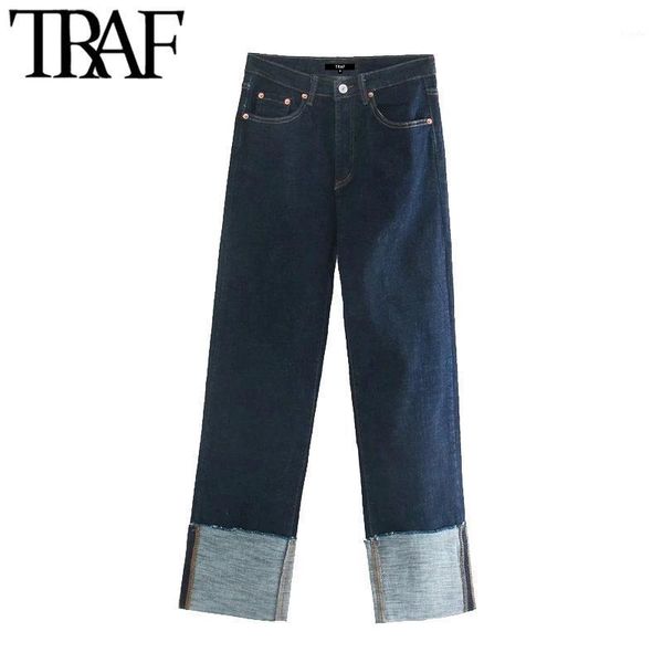 

traf women chic fashion folded up wide leg jeans vintage high waist zipper denim female trousers mujer1, Blue