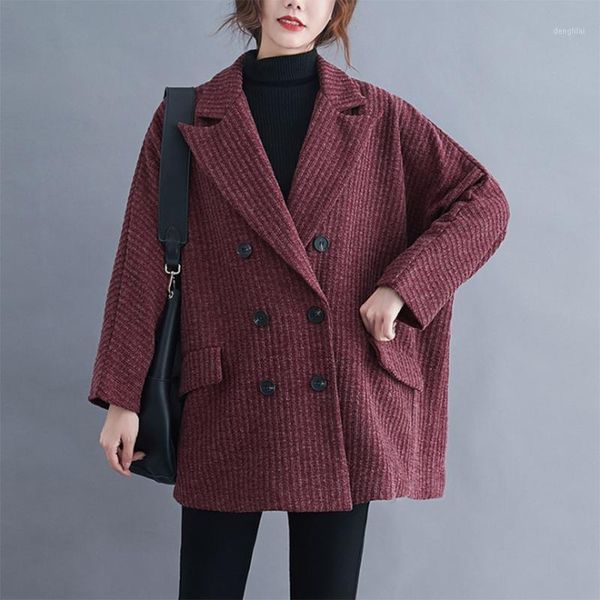 

autumn winter new oversize straped wool coat fashion vintage loose slim suit casual long sleeve solid coat women 20201, Black