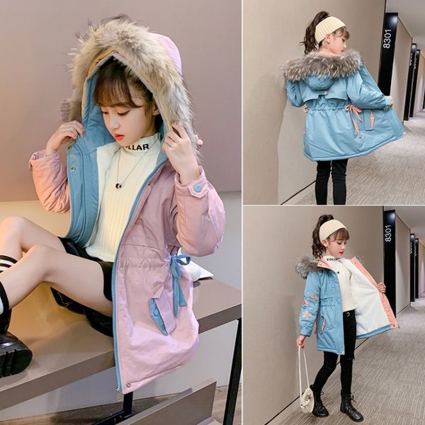 

girls' winter clothing cotton seats to overcome 2020 new children's plus velvet thick coat little girl cotton jacket, Blue;gray
