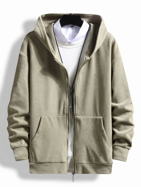 

men 1pc drop shoulder zipper fleece hoodie j631#, Black