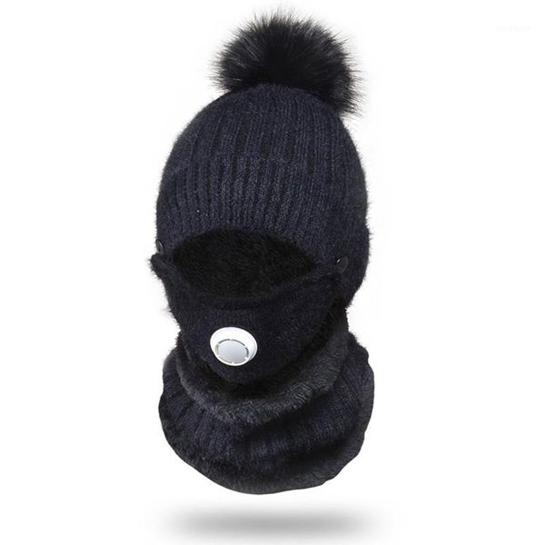 

2020 new women's knitted hat scarf caps solid pompon hat winter warm knit crochet cap scarf neckerchief mask1