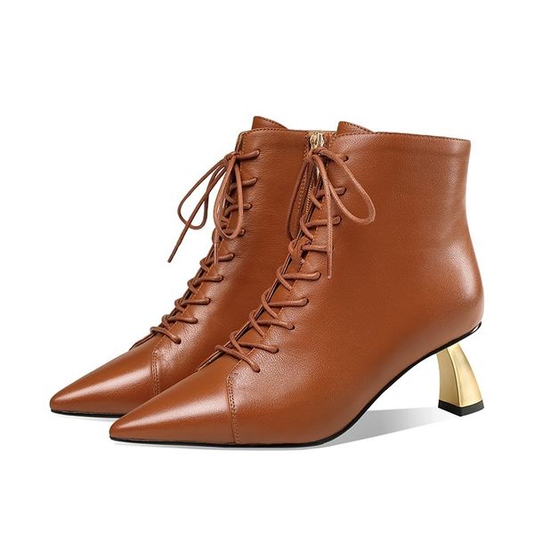 

2021 new woman genuine leather shoes high party female thick heels woman's ankle boots size 34-40 xo88, Black