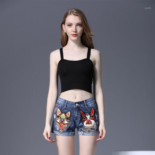 

2018 summer women short jeans casual embroidered flare denim shorts fashion high waisted jeans shorts sequin cartoon1, Blue