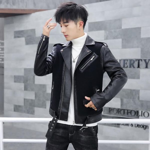 

men's fur & faux winter casual trend wild fashion zipper decoration motorcycle leather jackets coat thickening masculino, Black