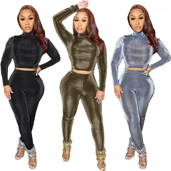 

womens clothing casual soild color womens tracksuits fashion golden velvet two piece sets slim high neck designer, Gray