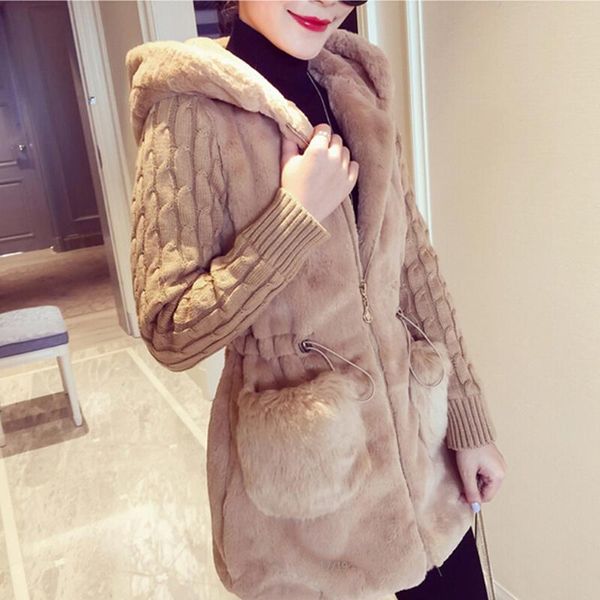 

2021 warm comfortablae winter jacket women hooded coat furry faux fur thick section knit sweater casual jacket coats, Black;brown