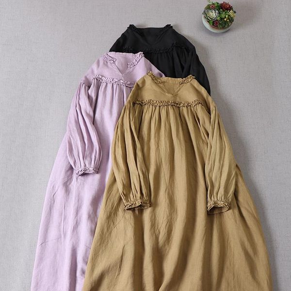 

casual dresses loose big robe female long sleeve linen dress lace v-neck, Black;gray