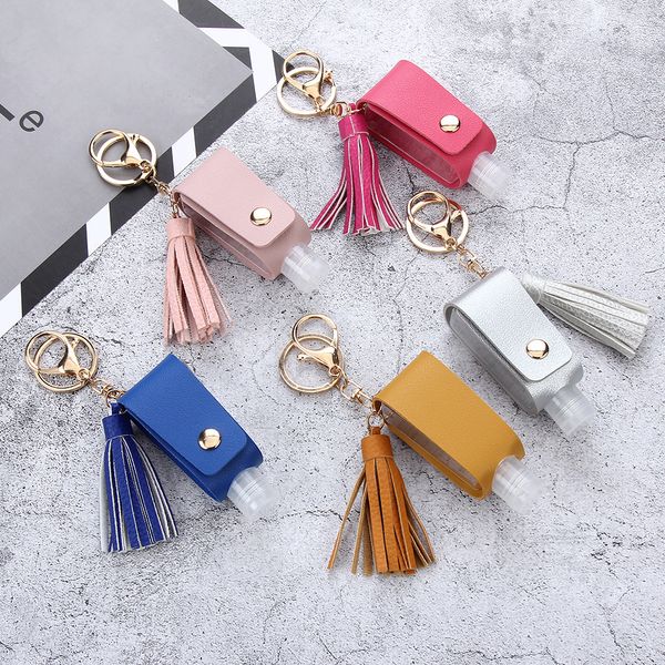 

30ml hand sanitizer holder cover set keychains bags tassel hand sanitizer bottle case student schoolbag metal keychain leather case