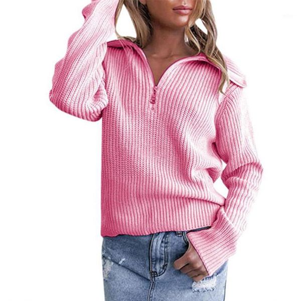 

2019 fashion ladies lapel zip knit pullover casual jackets outwear autumn coate blouse solid color sweater1, White;black