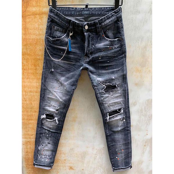 

mens rips stretch black jeans fashion slim fit washed motocycle denim pants panelled hip hop trousers c2m1, Blue