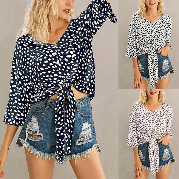 

summer blouse deep v-neck trumpet sleeve leopard shirt female casual, White