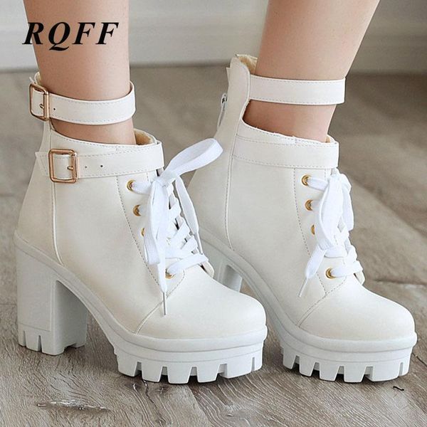 

boots black winter ankle women plus big size 10 fashion pu round toe super high block heels shoes woman platform boot white