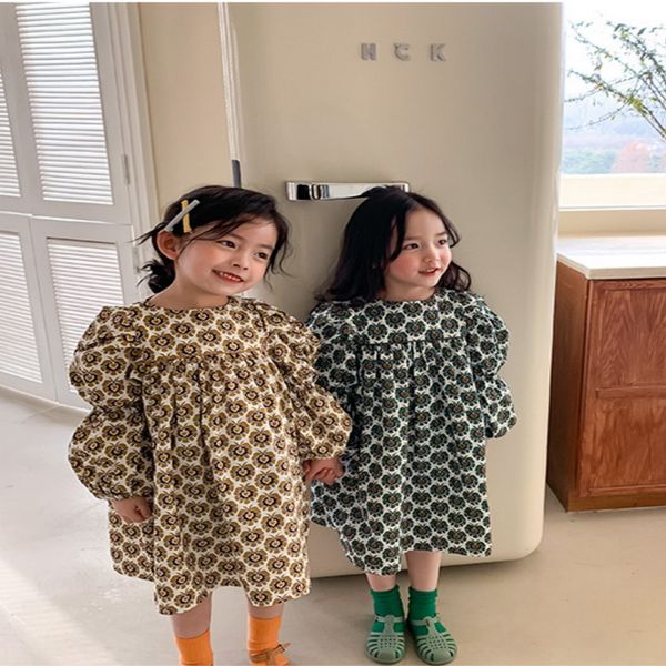 

wholesale 2021 new korean style spring girls dresses long sleeves floral retro style princess dresses girl clothes e2188, Red;yellow