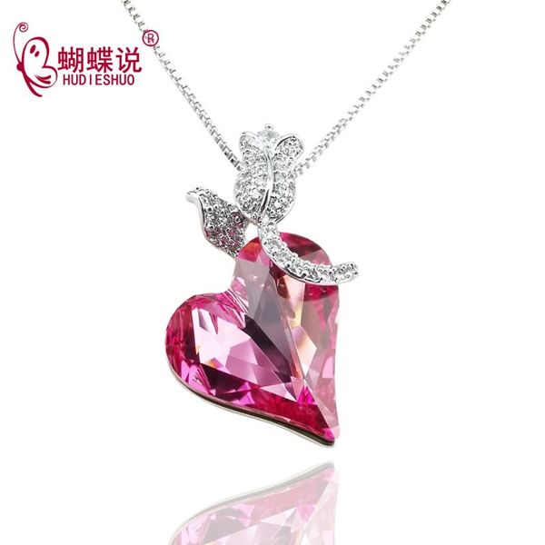 

pendant necklaces hudieshuo fashion necklace for women 2021 rose crystal heart sweet gift girls romantic jewelry & accessories, Silver