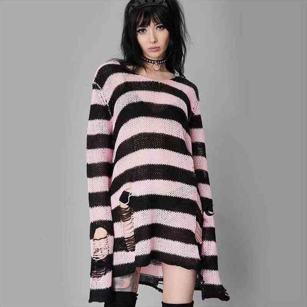 

gothic punk long women sweater dress cool hollow out hole broken jumper loose rock thin sweater women clothes, White;black