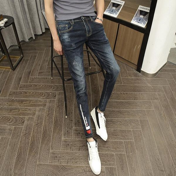 

men's jeans spring autumn 2021 fashion slim stretch feet pants cat whiskers korean long youth teenager pencil, Blue
