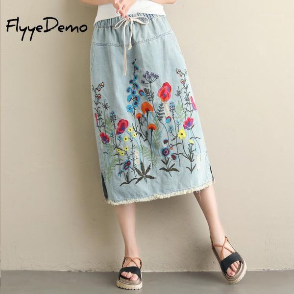 

skirts loose casual floral embroidery drawstring boho denim skirt autumn wild flower 2021 plus size1, Black