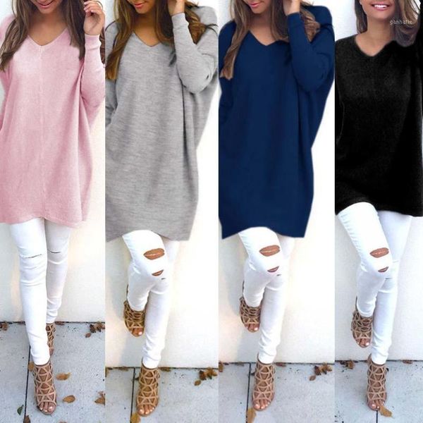 

fashion women v neck long sleeve tunic pullover casual loose knitted sweater1, White;black