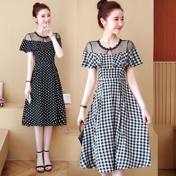 

woman plus size dressed 2021 summer points chess casual thin business swing skater party dress e4ku, Black;gray