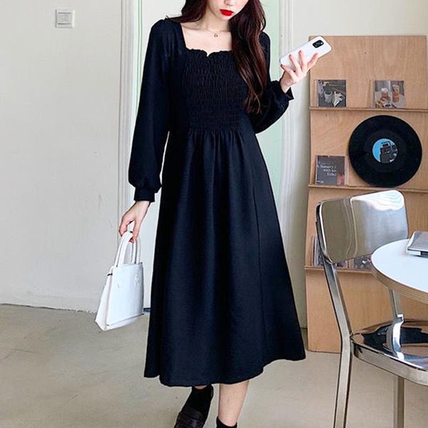 

women autumn spring dress french elegant full sleeve long dress ladies square collar fairy fashion wedding party clothes, Black;gray