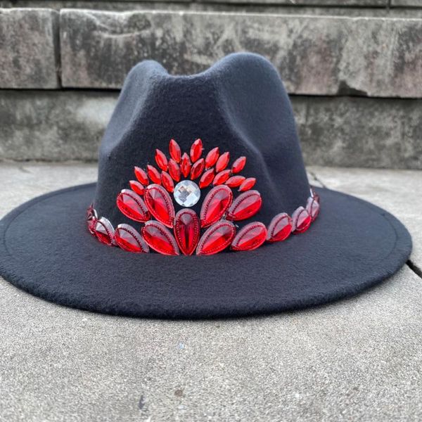 

stingy brim hats 15 stlye women men handmade punk fedora hat acrylic flower wide jazz cap winter panama triby felt 2 size, Blue;gray