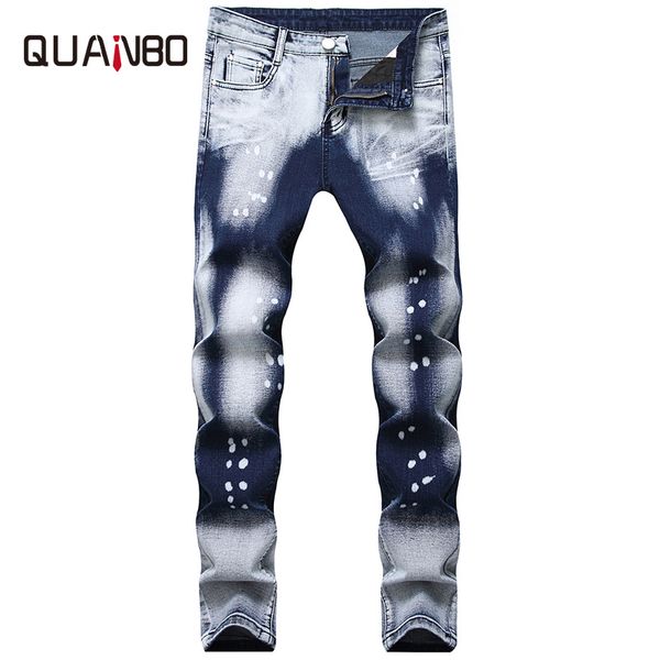 QUANBO Jeans da motociclista da uomo Nuovo autunno inverno Moda Lavaggio Jeans bicolore bianco a pois Pantaloni in denim da uomo slim fit dritti 38 40 201117