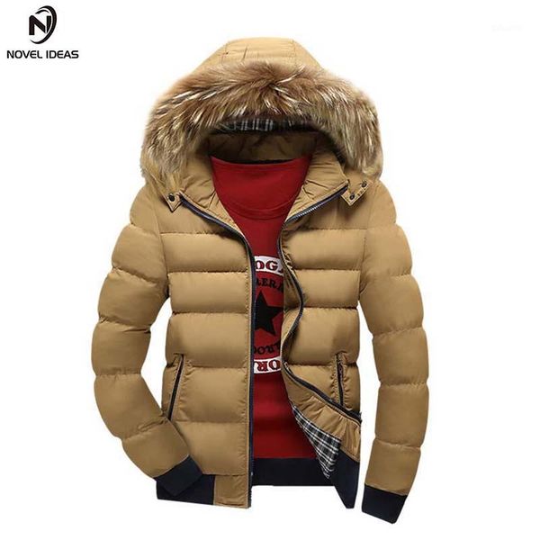

novel ideas autumn winter jacket men parka hooded coat male casual coats quilted wadded padded waistcoat fashion faux fur collar1, Black