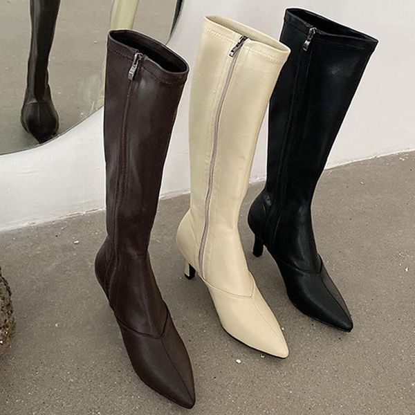 

trending women 2020 new pointed toe mid-calf boots pencil high heels beige boots brown soft leather zippers ladies shoes1, Black