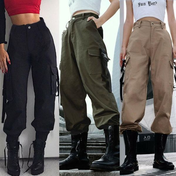

women casual high waist army loose sports long pants hip hop dance military combat camouflage jogging hiking jeans trousers new, Black;white