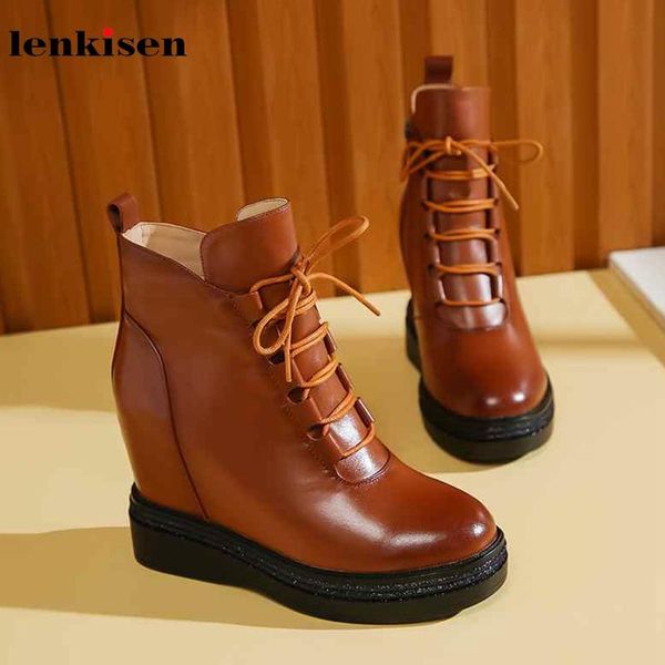 

boots lenkisen genuine leather round toe leisure style thick bottom lace up super high heels winter keep warm women ankle l10, Black