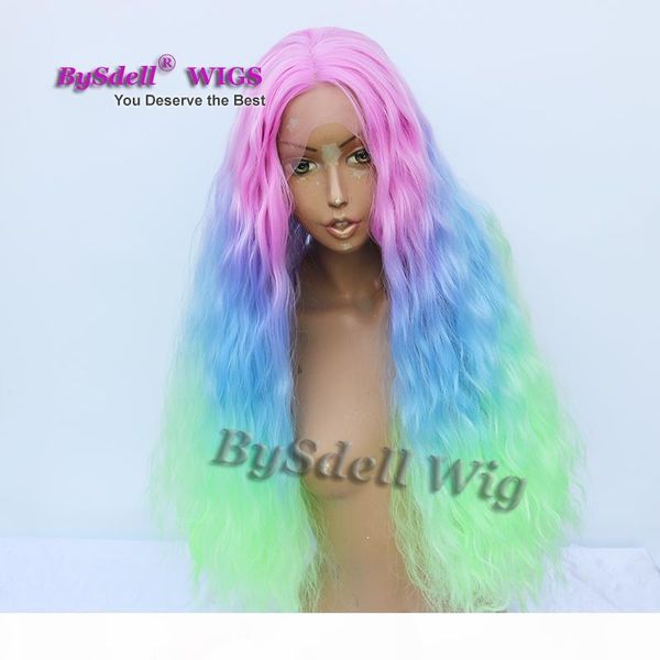 

three tone ombre hair wig synthetic fluffy corn kinky curly hair mermaid wig pastel pink blue green color hair lace front wigs, Black