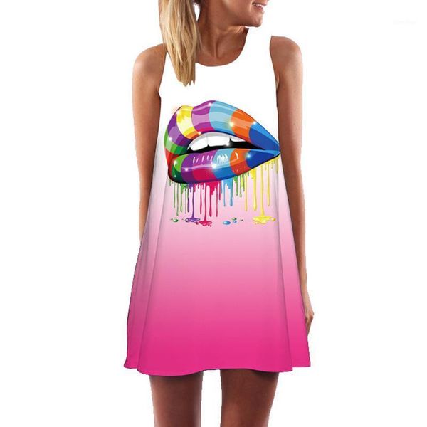 

bhflutter red lips print casual dress women fashion sleeveless summer dress mini tank boho beach dresses vestido1, Black;gray