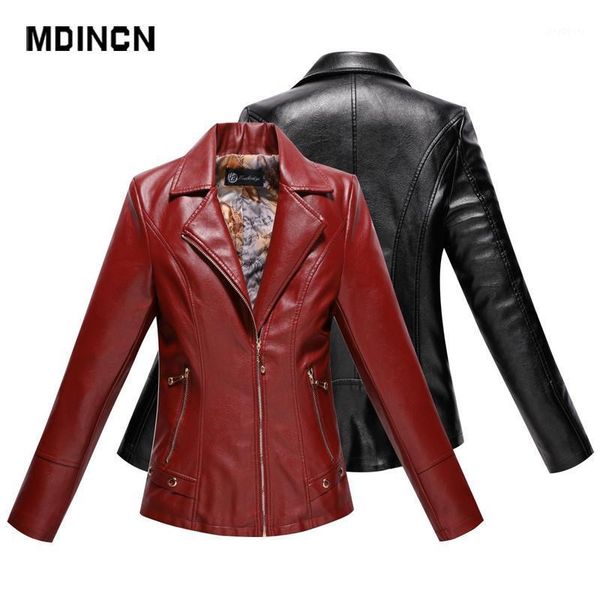 

mdincn quilted short leather women's autumn and winter wear warm motorcycle leather large size pu jacket1, Black