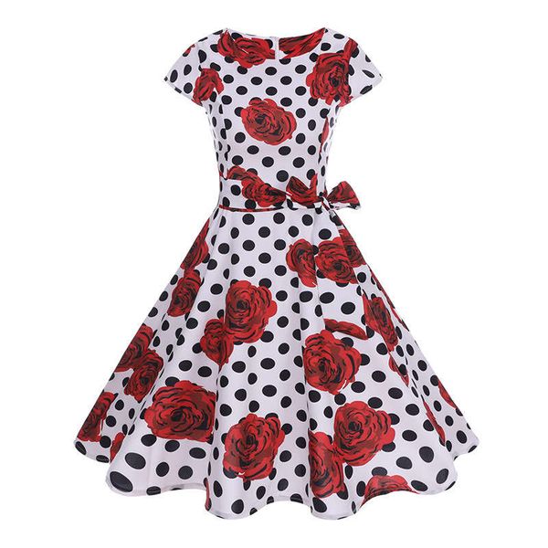 

9061 women's printed short sleeve hepburn lace up dress, Black;gray