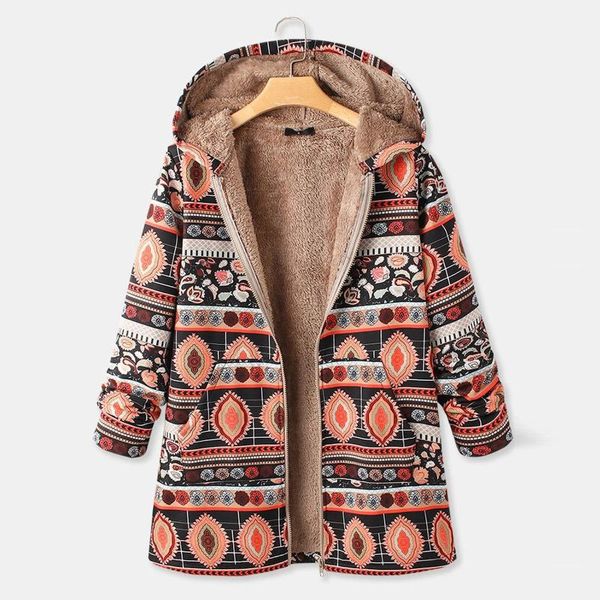 

women's hoodies & sweatshirts women vintage coat flowers print fleece hooded plus size long sleeve jacket fashion elegant thick warm wi, Black